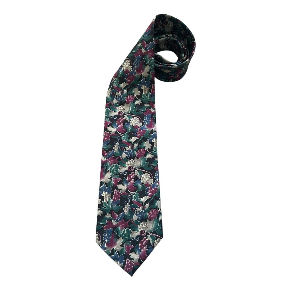 Vintage Christian Dior Monsieur 100% Silk Necktie Tie Grape Vine Print Italy USA